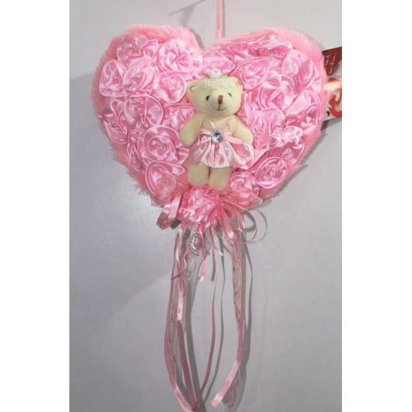 Pink Satan Roses Plush Heart with Baby Doll Teddy Bear